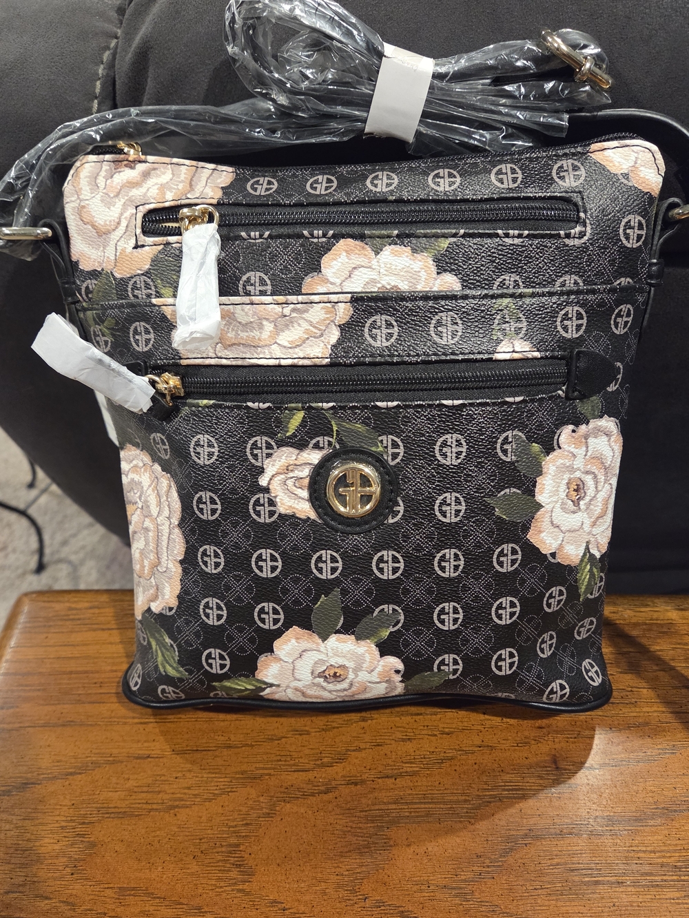 Gianni Bini Black Crossbody Bag with Blush Floral Print and Gold Accents